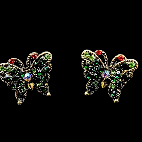 Retro style multicolored crystal butterfly earrings with silver post - Picture 7 of 10